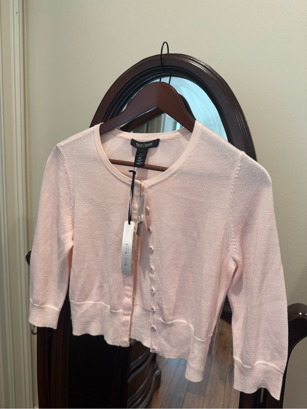 NWT WHBM Shimmer Pale Pink Cropped Button-Front Sweater, Size XS